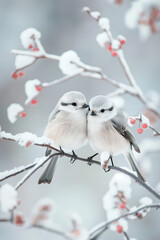 Pair of two Long Tailed Tits sitting and cuddling together on a snowcapped tree branch, at beautiful winter landscape. Wildlife photography of small white birds.