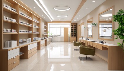 A modern beauty salon featuring elegant wooden furniture, bright lighting, and organized shelves showcasing products, creating a welcoming atmosphere for clients.