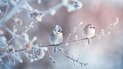 Long Tailed Tits sitting and cuddling together on a snowcapped tree branch, at beautiful winter landscape. Wildlife photography of small white birds.
