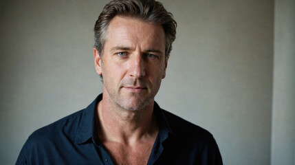 Fototapeta premium A man with short, graying hair stands in front of a wall, looking directly at the camera