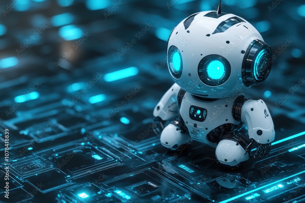 Poster a small futuristic robot with glowing blue eyes stands on a circuit surface in a tech setting