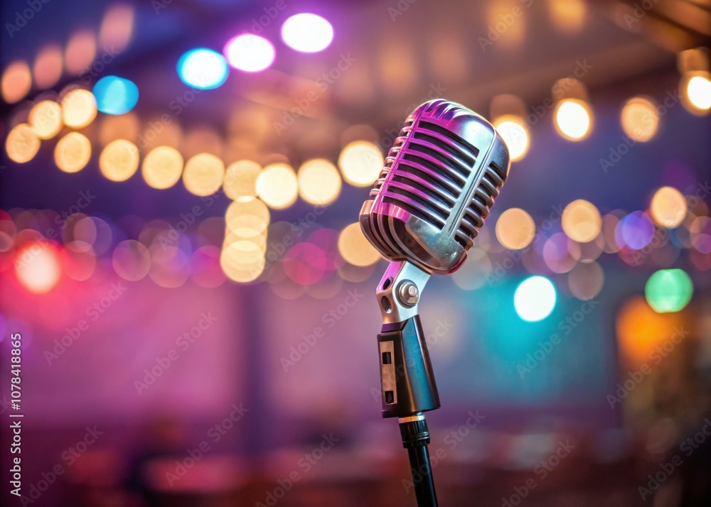 Poster animated microphone with bokeh effect creating a dynamic atmosphere for music and podcast themes, pe