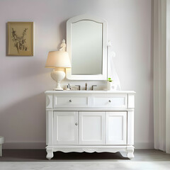 a white vanity with a mirror and a lamp on it