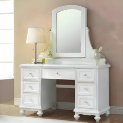 a white vanity with a mirror and a lamp on it
