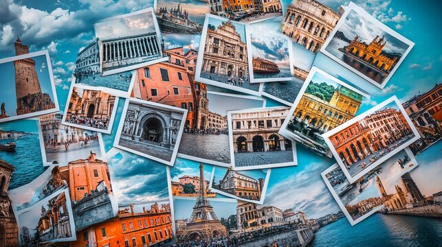 Collage of various photos of famous landmarks and architecture.