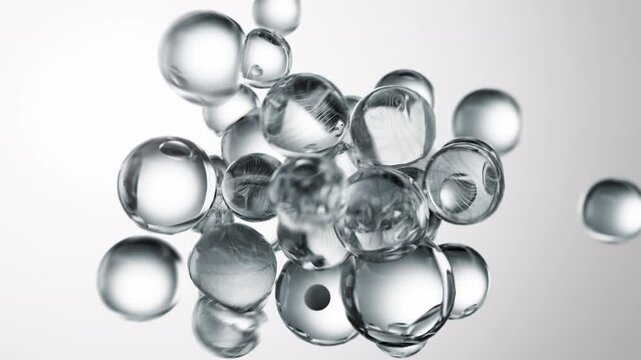 Clear cosmetic serum with liquid bubbles in a 3D abstract background. Hydrating essence gel enriched with collagen molecules. Moisturizing cream or oil for advanced skincare, beauty, and skin health.