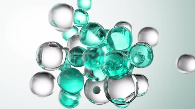 Turquoise cosmetic serum with liquid bubbles in a 3D abstract background. Hydrating essence gel enriched with collagen molecules. Moisturizing cream or oil for advanced skincare, beauty.