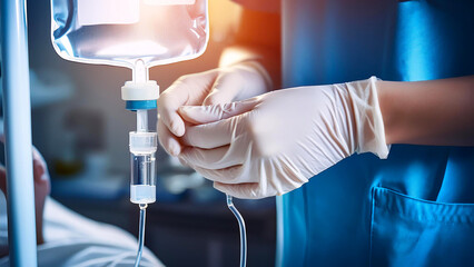 A nurse's hands prepare an intravenous drip for treatment.
