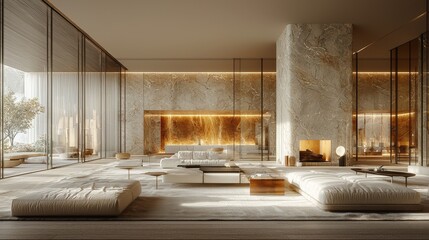 A modern, spacious living room with elegant design and warm lighting.