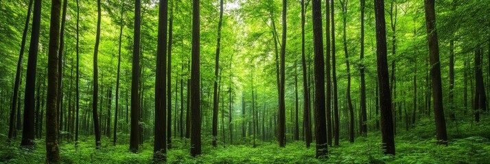 Mist-covered forest with tall trees, lush greenery; serene palette recommended 