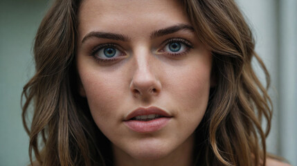Fototapeta premium A woman with long, dark hair looks directly at the camera