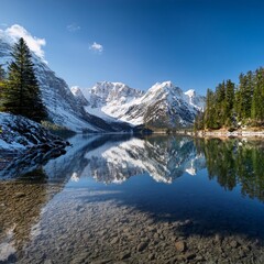 Obraz premium Pristine Alpine Lake Nestled Between Rugged Snow-Capped Mountains, With Crystal Clear Waters Reflecting the Majestic Peaks and Pine Forests Surrounding the Shoreline