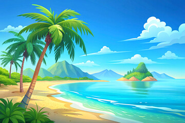 Obraz premium Tropical beach with golden sand and palm trees by the azure sea