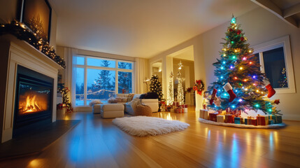 cozy living room featuring glowing Christmas tree adorned with bright colorful lights, surrounded by festive decorations and warm fireplace