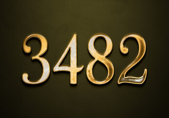 Old gold effect of 3482 number with 3D glossy style Mockup.