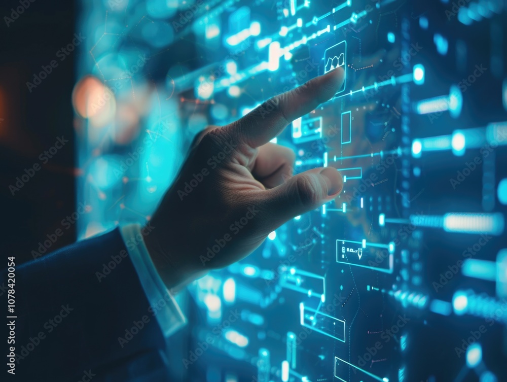 Poster hand pointing at digital display with circuit patterns, emphasizing technological advancements.