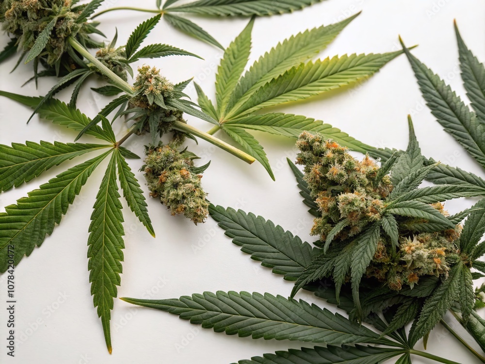 Poster artful arrangement of cannabis buds and leaves on a pristine white background showcasing intricate s