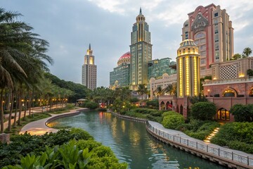 Fototapeta premium Art Deco Cityscape: A Stunning Island Setting Showcasing Unique Architectural Designs in a Vibrant Urban Landscape with Lush Surroundings and Serene Waterways