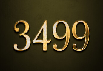 Old gold effect of 3499 number with 3D glossy style Mockup.