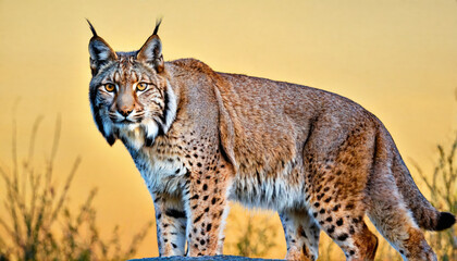 Fototapeta premium A lynx stands in a field of tall grass, looking directly at the camera with intense yellow eyes