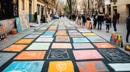 Obraz premium Street art festival with colorful chalk drawings on asphalt, surrounded by spectators and graffiti-covered walls in an urban setting