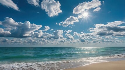 Obraz premium brilliantly sky over sea, fluffy white clouds , beauty to serene scene. feelings of peace and tranquility, with fluffy white cloud.