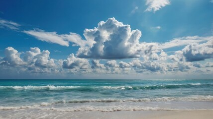 brilliantly  sky over sea, fluffy white clouds , beauty to  serene scene.  feelings of peace and tranquility, with fluffy white cloud.