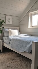  Cozy, bright bedroom with a simple white bed, soft bedding, wooden walls, and natural light streaming in through window. Inviting, calm, and minimalistic atmosphere.