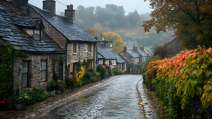 Obraz premium Photography of an English countryside village under a light rain, with stone cottages lined by wet cobbled pathways, and vibrant green hedgerows drenched by the gentle drizzle.