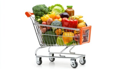 Side view of a shopping cart filled with fruits, vegetables, and packaged goods, isolated on white for a clean look.