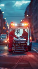Two men in red uniforms are working on an ambulance