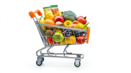 Side view of a shopping cart filled with fruits, vegetables, and packaged goods, isolated on white for a clean look.