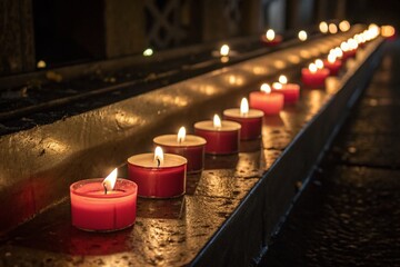 A Serene Row of Burning Memorial Candles Illuminating the Darkness with Soft Glows, Reflecting Moments of Remembrance and Reverence in a Calm Low Light Setting
