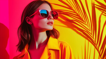 A woman in shades of bright neon pink, styled in a fashion retro funk style, captured in a vibrant and bold presentation slide design, perfect for modern, trendy projects