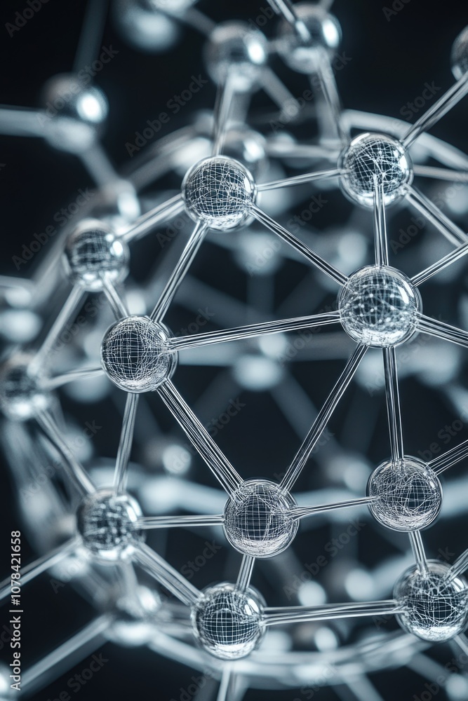 Poster close up of a silver sphere with many small spheres attached to it. the sphere is surrounded by a we