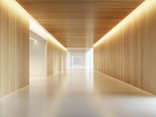 Obraz premium Long hallway with wooden walls and a white ceiling. The hallway is empty and has a clean, modern look
