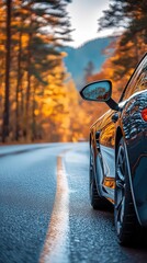  Sleek black car driving along scenic autumn road surrounded by vibrant fall trees, evoking freedom and adventure.