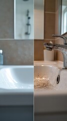  Split view of sink before and after cleaning, illustrating hygiene, household care, and transformation through cleanliness.
