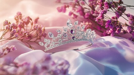 Silver tiara with delicate diamond settings, laid on a soft pastel background, perfect for a bridal theme.