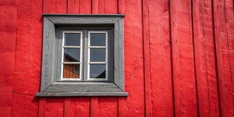 Fototapeta premium A Striking Contrast: A Gray Window Frame on a Vibrant Red Wall Showcasing Architectural Beauty and Color Harmony in Interior Design Photography