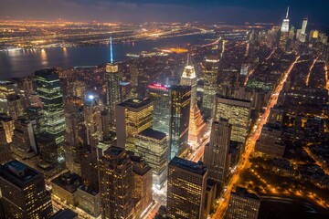 Obraz premium A Stunning Aerial View of a Nighttime Cityscape Illuminated by Brilliant Lights and Skyscrapers in a Bustling Urban Environment
