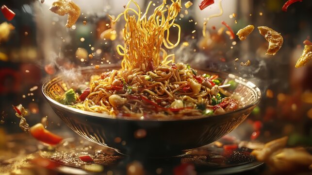 Flying food, chinese noodles, trepan food. chinese food. Ultra realistic. Photorealistic hypermaximalist advertising photography hyper realistic fine detail