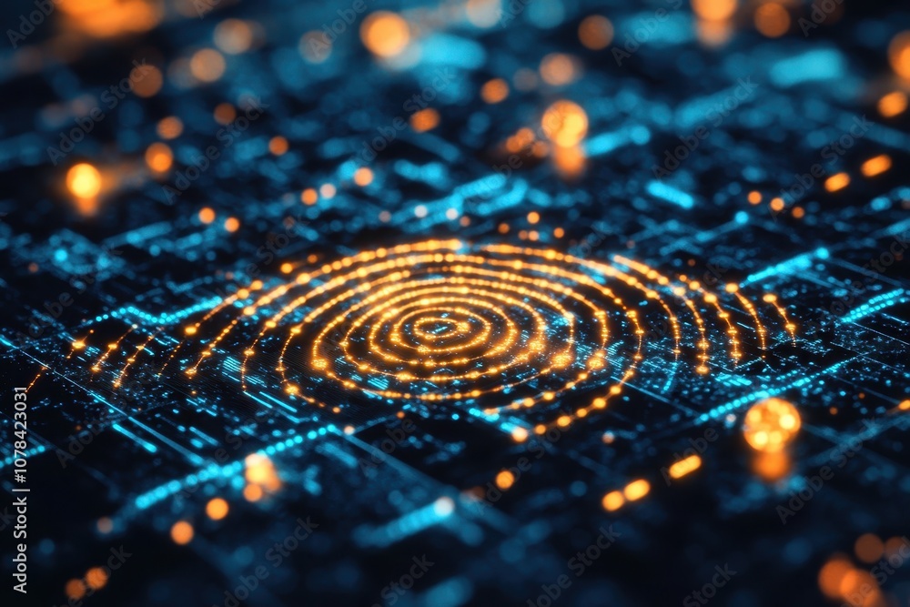 Poster abstract representation of digital waves and patterns with glowing elements in a technology concept