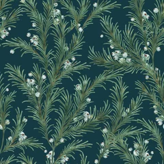 Christmas watercolor pattern of fir branches with winter berries. Ideal for printing on wallpaper and fabric
