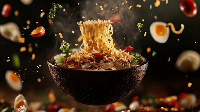 Flying food, chinese noodles, trepan food. chinese food. Ultra realistic. Photorealistic hypermaximalist advertising photography hyper realistic fine detail