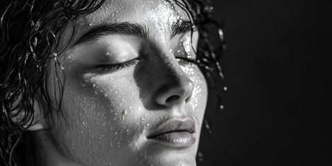A close-up portrait of a person with their eyes closed, showcasing the glowing effect on their face from water droplets.