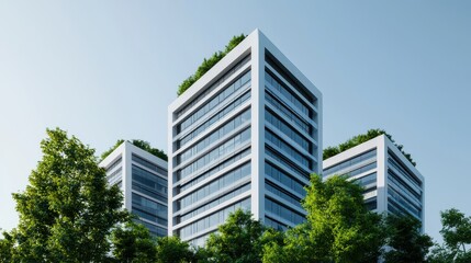 Obraz premium Modern skyscrapers with green terraces against a clear blue sky, emphasizing eco-friendly urban design.