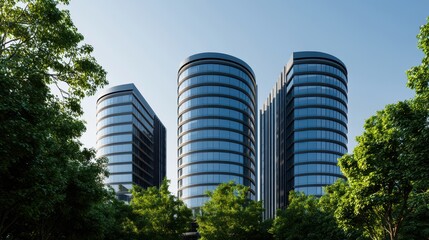 Fototapeta premium Modern skyscrapers with glass facades surrounded by greenery against a clear blue sky.