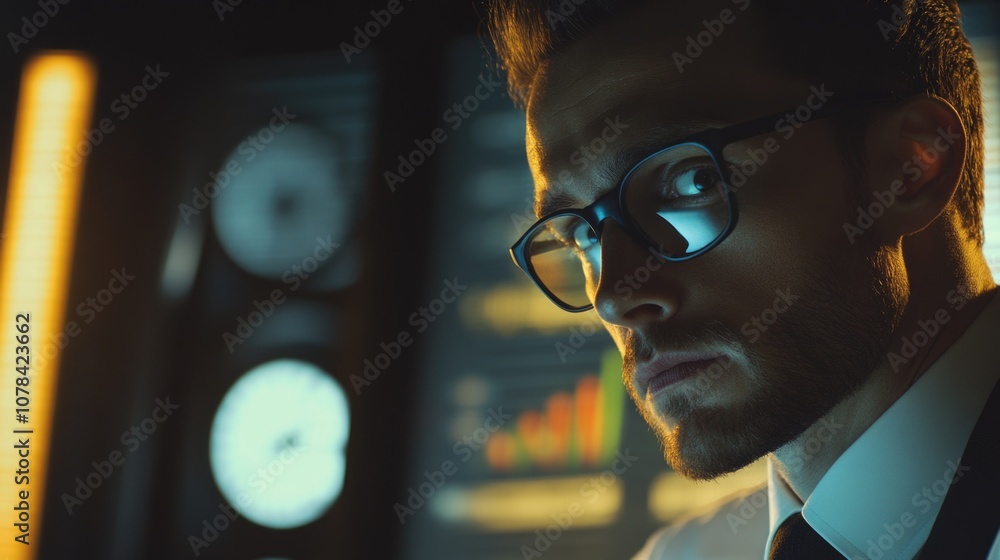 Poster a focused man in glasses analyzing financial data on a computer screen.