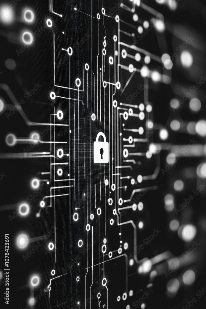 Poster a sophisticated electronic circuit board with a lock symbol and digital encryption technology, repre